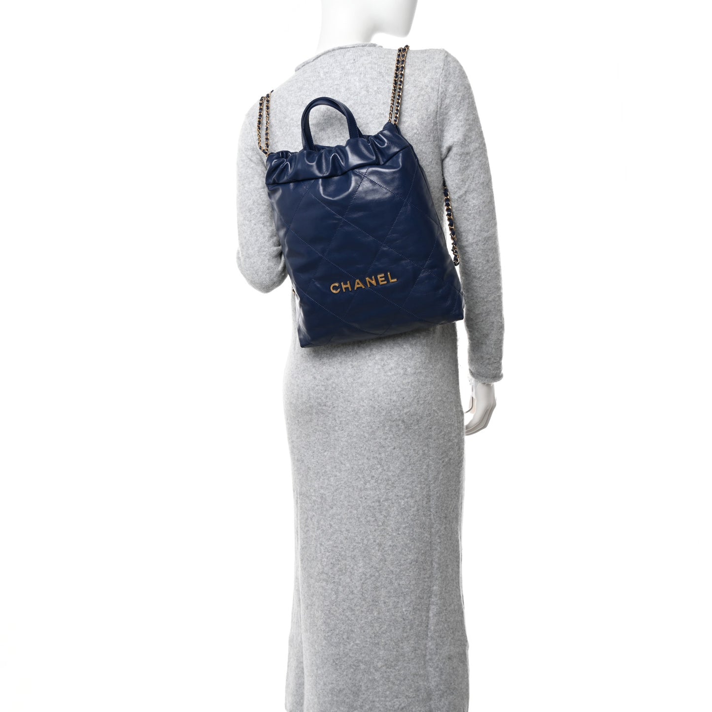 Shiny Calfskin Quilted Chanel 22 Backpack Navy