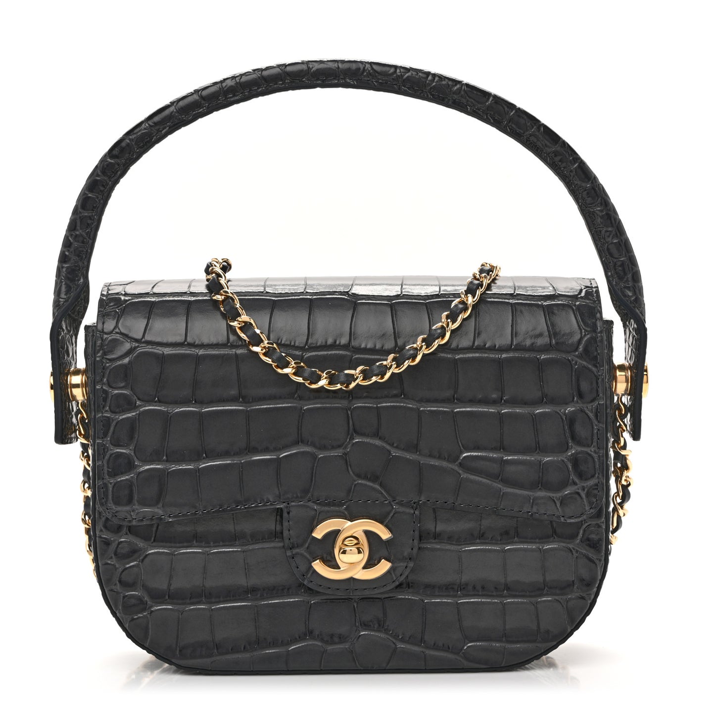 Calfskin Crocodile Embossed Turn Around Mini Flap Dark Grey