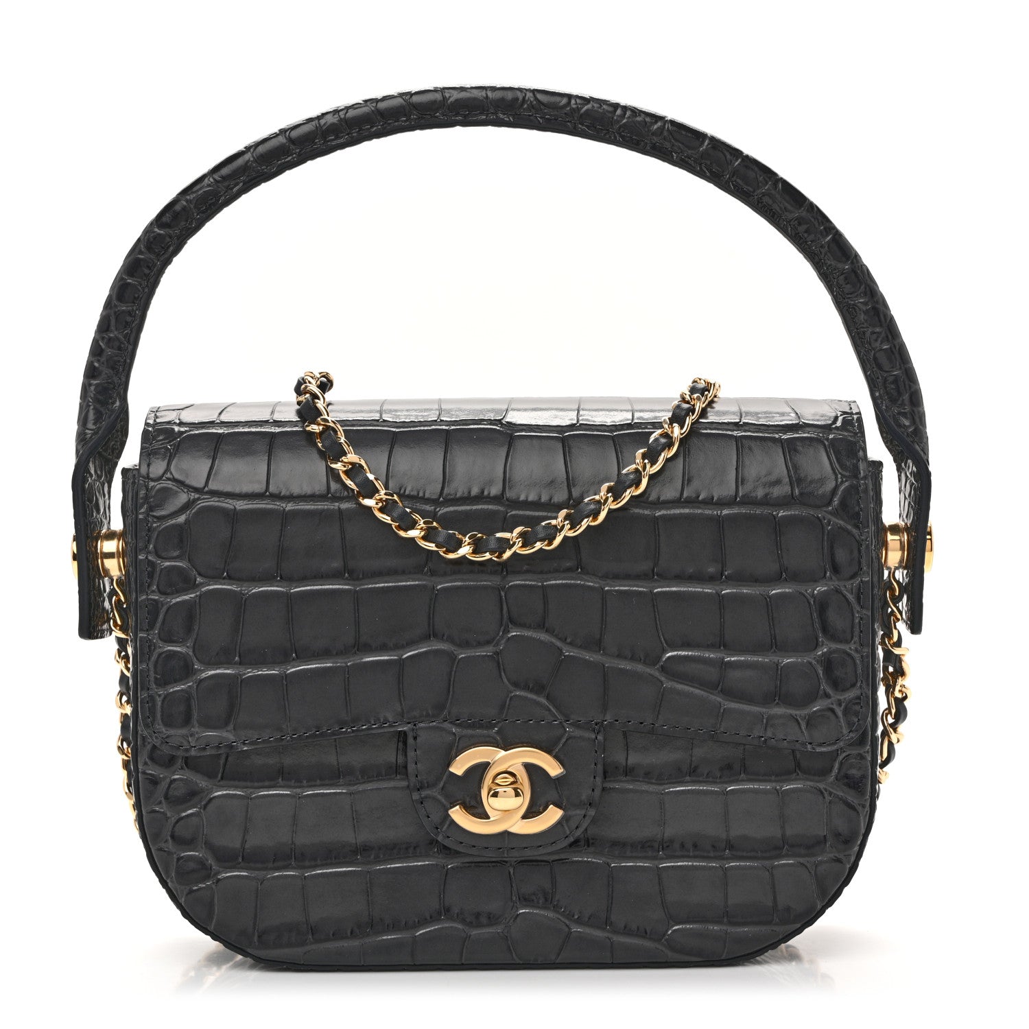 Chanel Calfskin Crocodile Embossed Turn Around Mini Flap Dark Grey 1 of 11