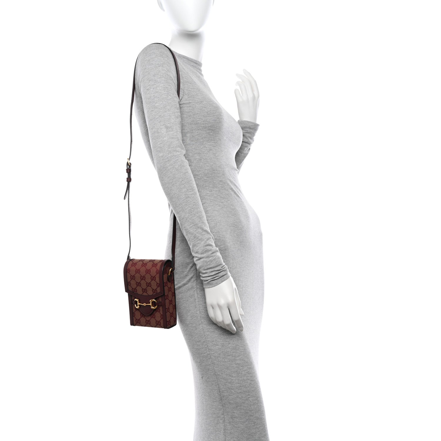 Gucci Monogram Textured Dollar Calfskin Mini Horsebit 1955 Crossbody Bag Sahara Rubino Chardonnay 2 of 10