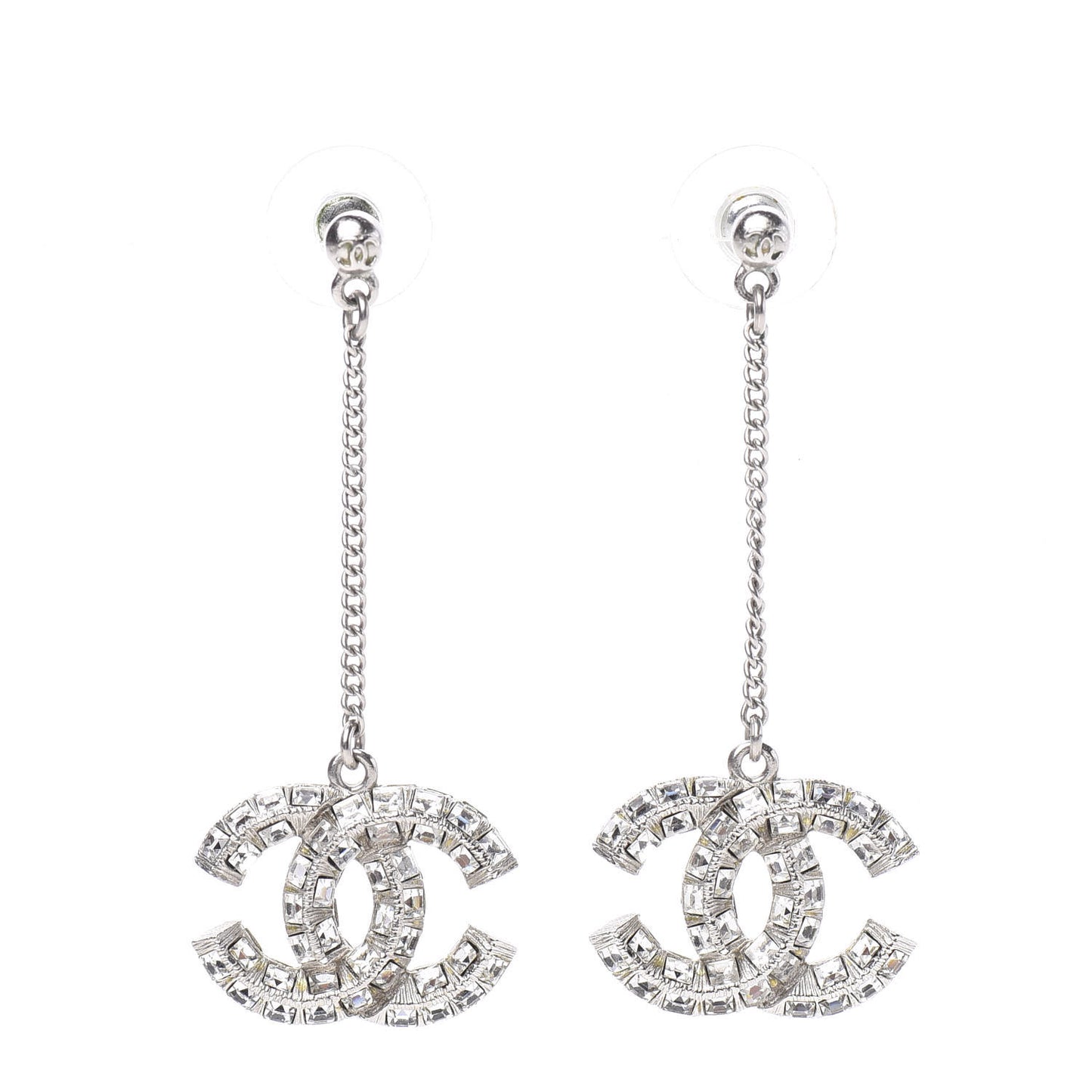 Crystal Baguette CC Dangle Earrings Silver