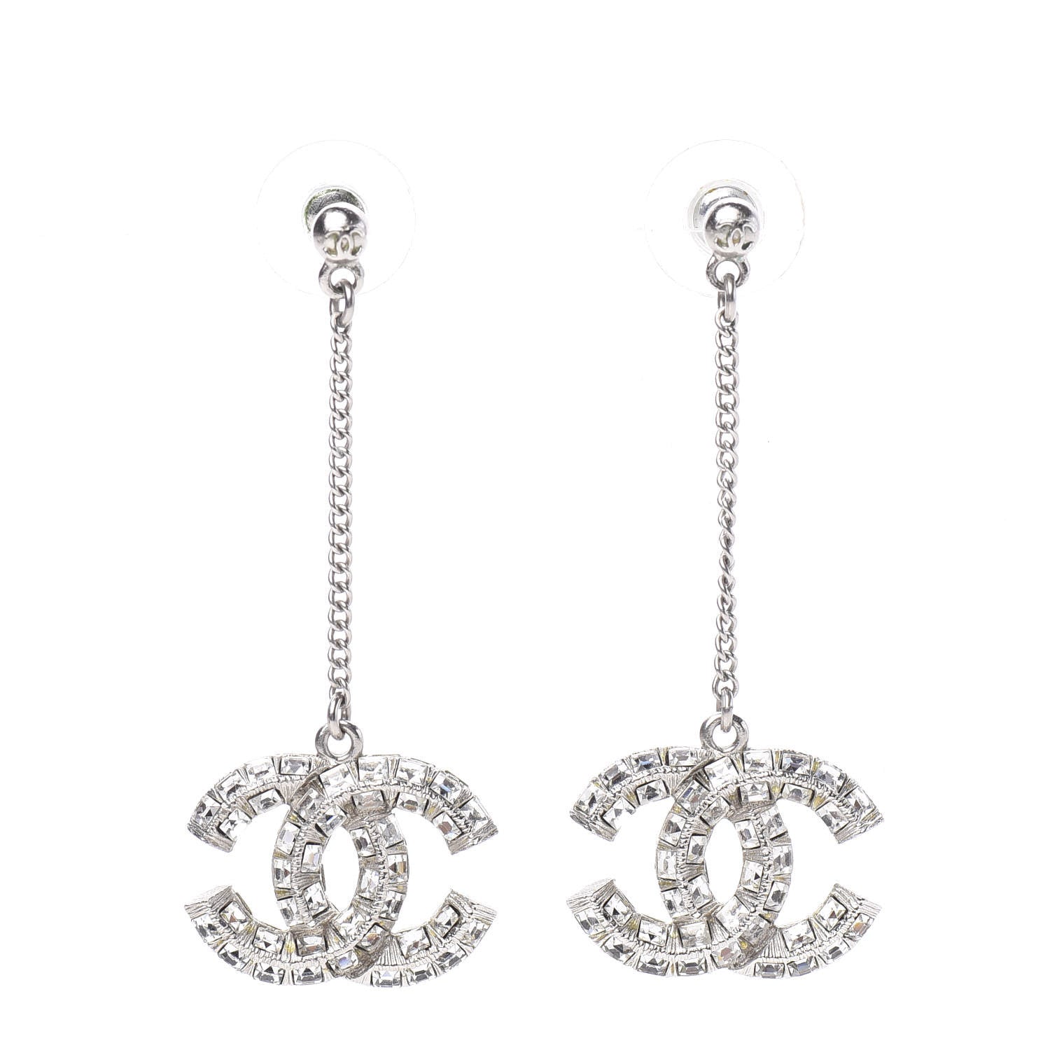 Chanel Crystal Baguette CC Dangle Earrings Silver 1 of 3