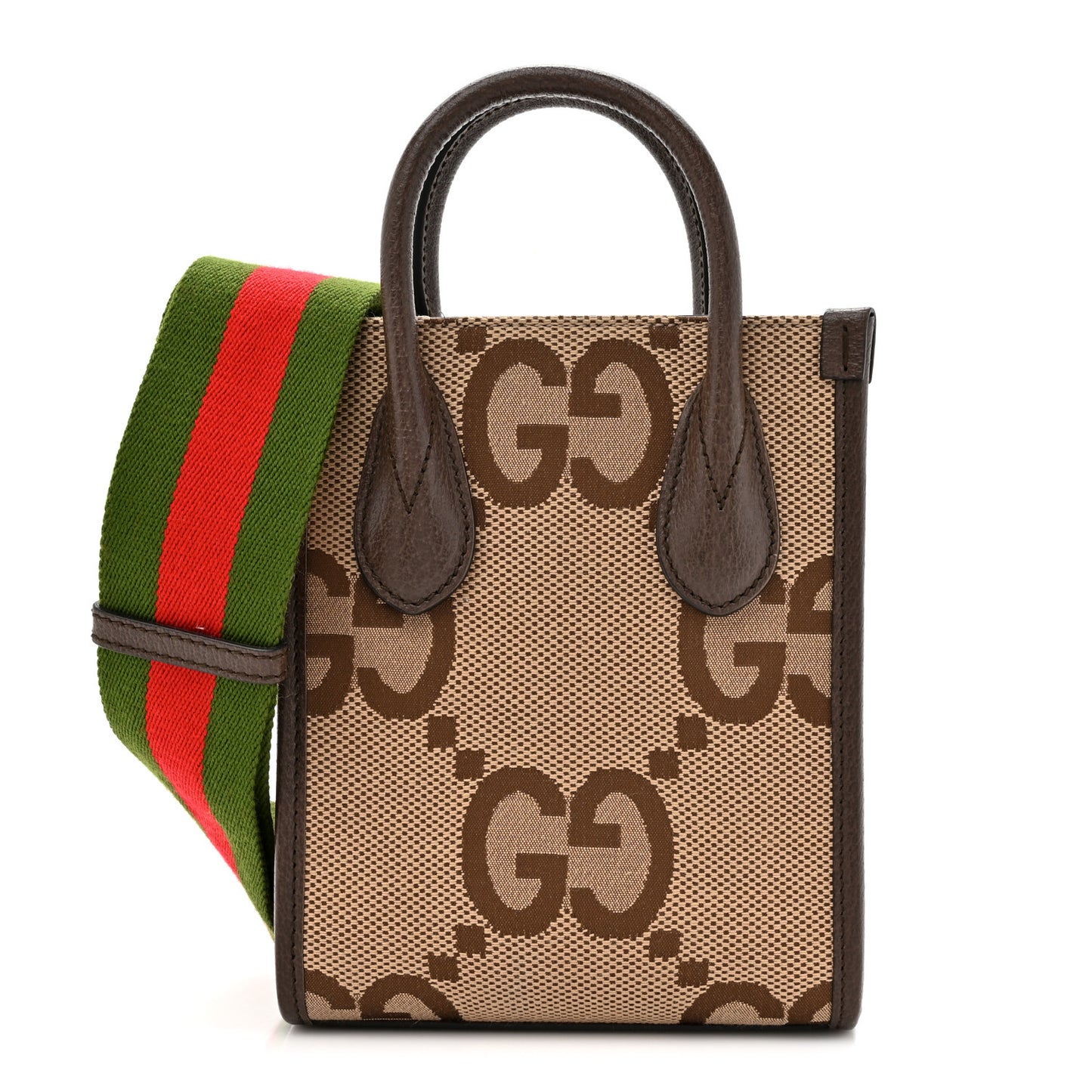 Monogram Jumbo GG Textured Dollar Calfskin Web Mini Vertical Tote Camel Ebony New Acero