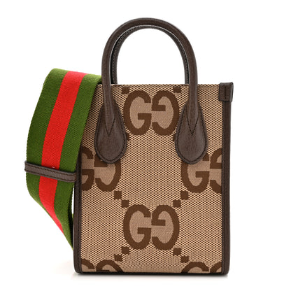 Gucci Monogram Jumbo GG Textured Dollar Calfskin Web Mini Vertical Tote Camel Ebony New Acero 1 of 12