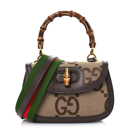 Gucci Monogram Jumbo GG Textured Dollar Calfskin Web Small Bamboo 1947 Top Handle Bag Camel Ebony New Acero 1 of 11