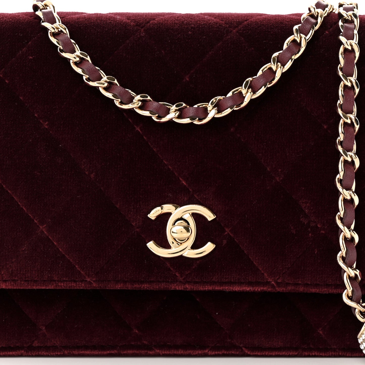 Velvet Quilted Pearl Crush Wallet On Chain WOC Burgundy