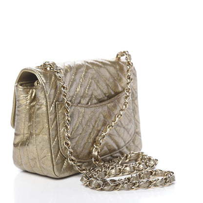 Chanel Patent Metallic Crumpled Calfskin Chevron Quilted Mini Square Flap Gold 3 of 10