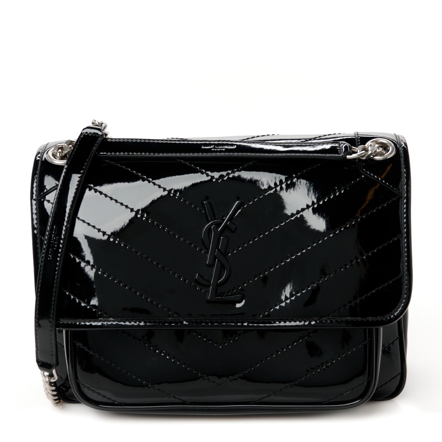 Patent Matelasse Monogram Medium Niki Chain Satchel Black