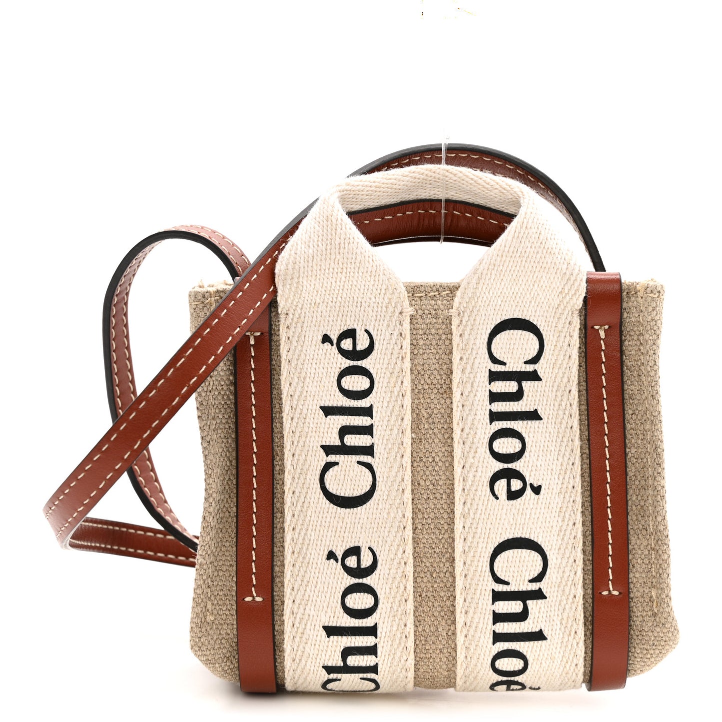 Cotton Calfskin Nano Woody Ribbon Tote White Brown