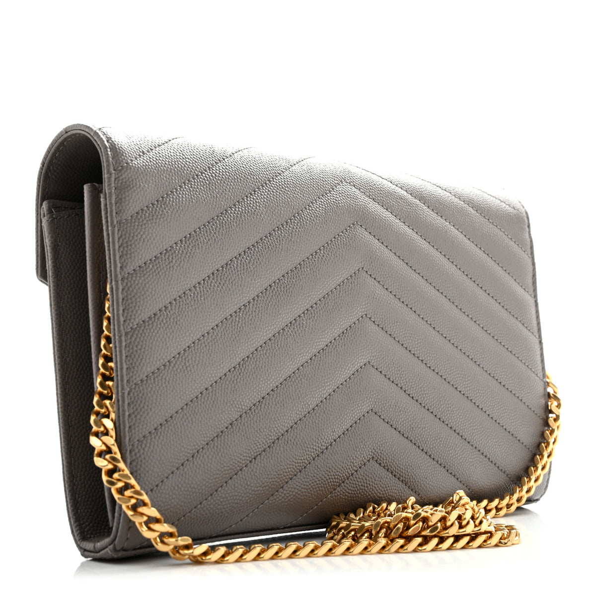 Saint Laurent Grain De Poudre Matelasse Chevron Monogram Chain Wallet Fog 3 of 14