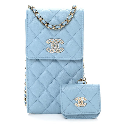 Chanel Caviar Quilted Crystal CC Airpods Pro and Phone Case With Chain Light Blue 1 of 11