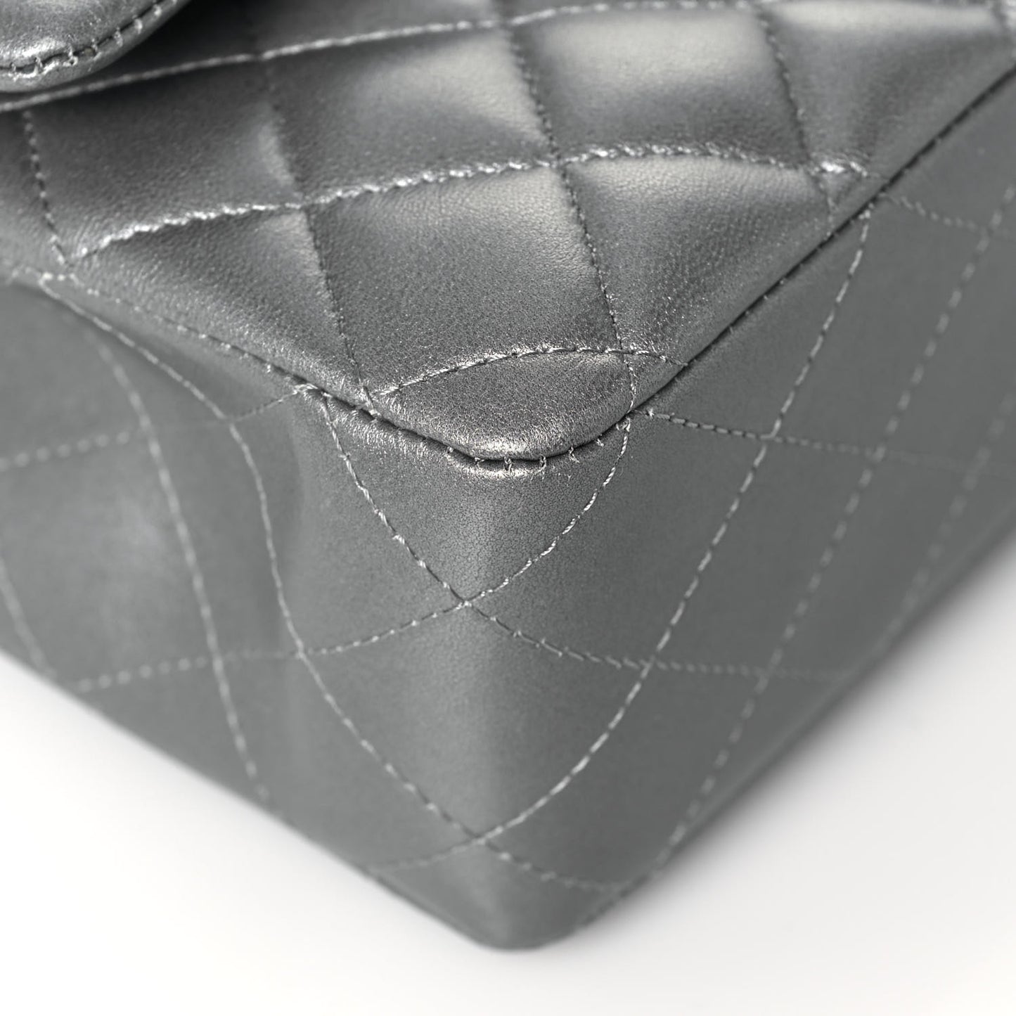 Metallic Lambskin Quilted Medium Double Flap Silver