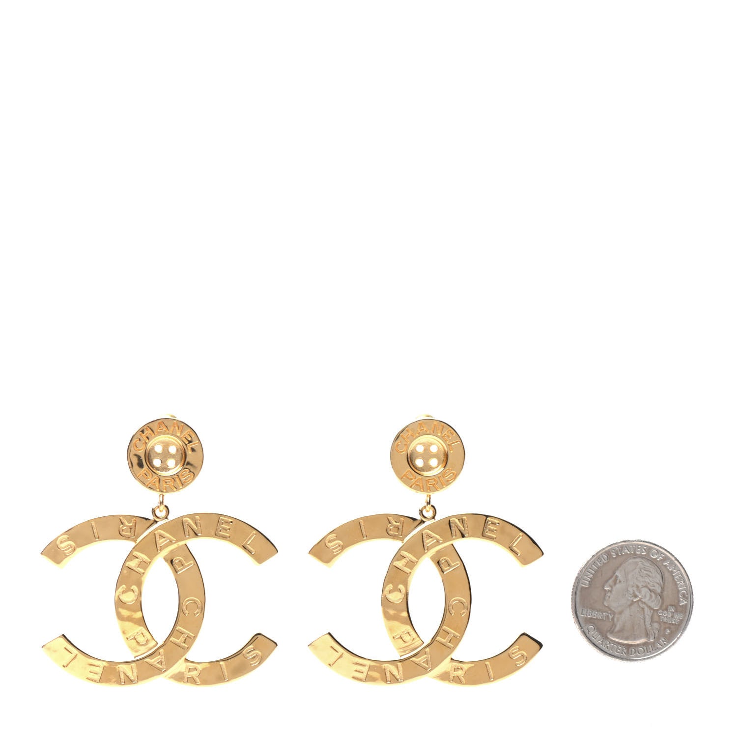 Chanel Metal Large Paris Button Earrings Gold 2 of 5