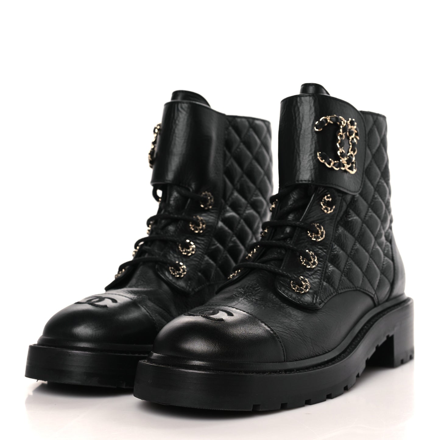 Shiny Lambskin Quilted Lace Up Combat Boots 40 Black