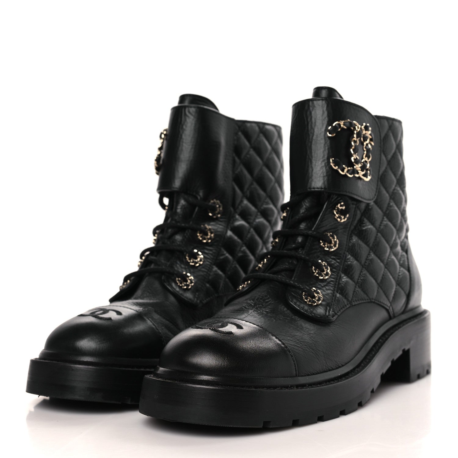 Chanel Shiny Lambskin Quilted Lace Up Combat Boots 40 Black 3 of 7