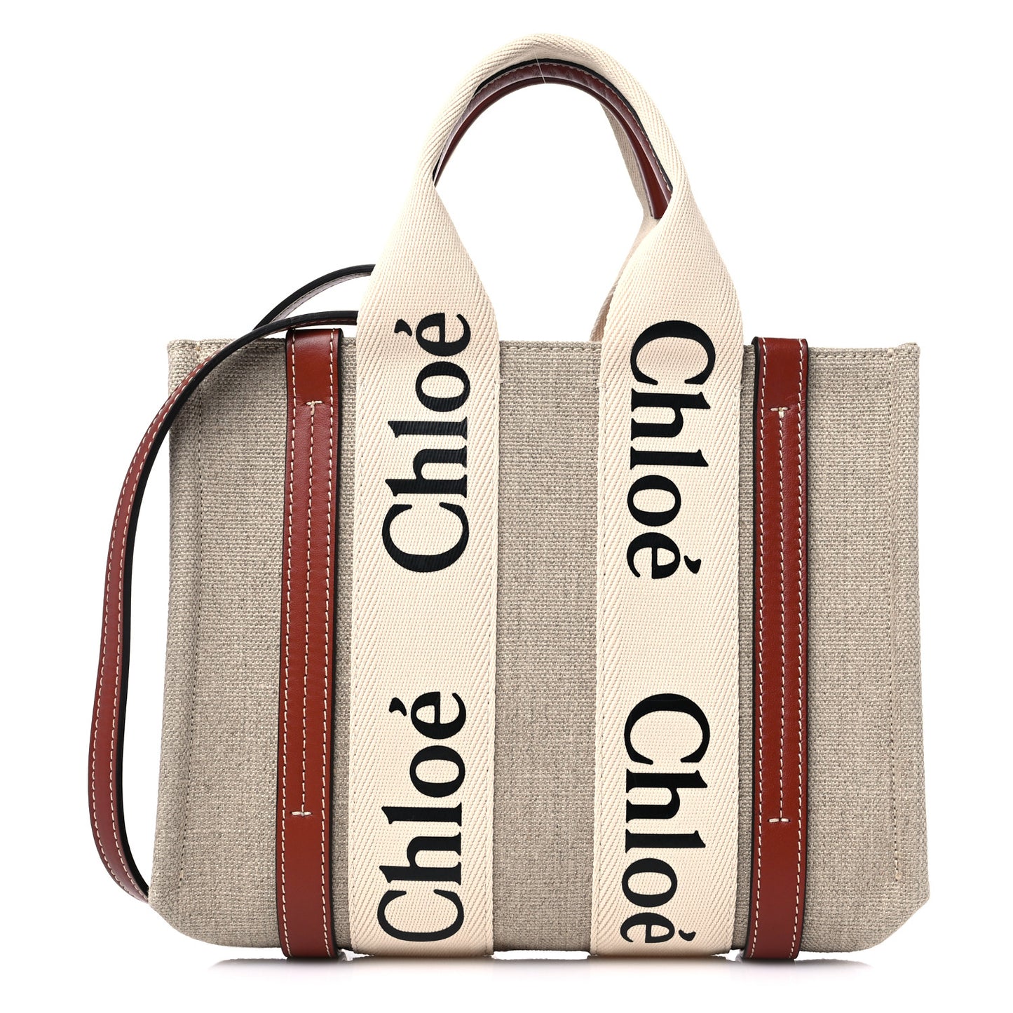 Linen Calfskin Small Woody Ribbon Tote With Strap White Brown