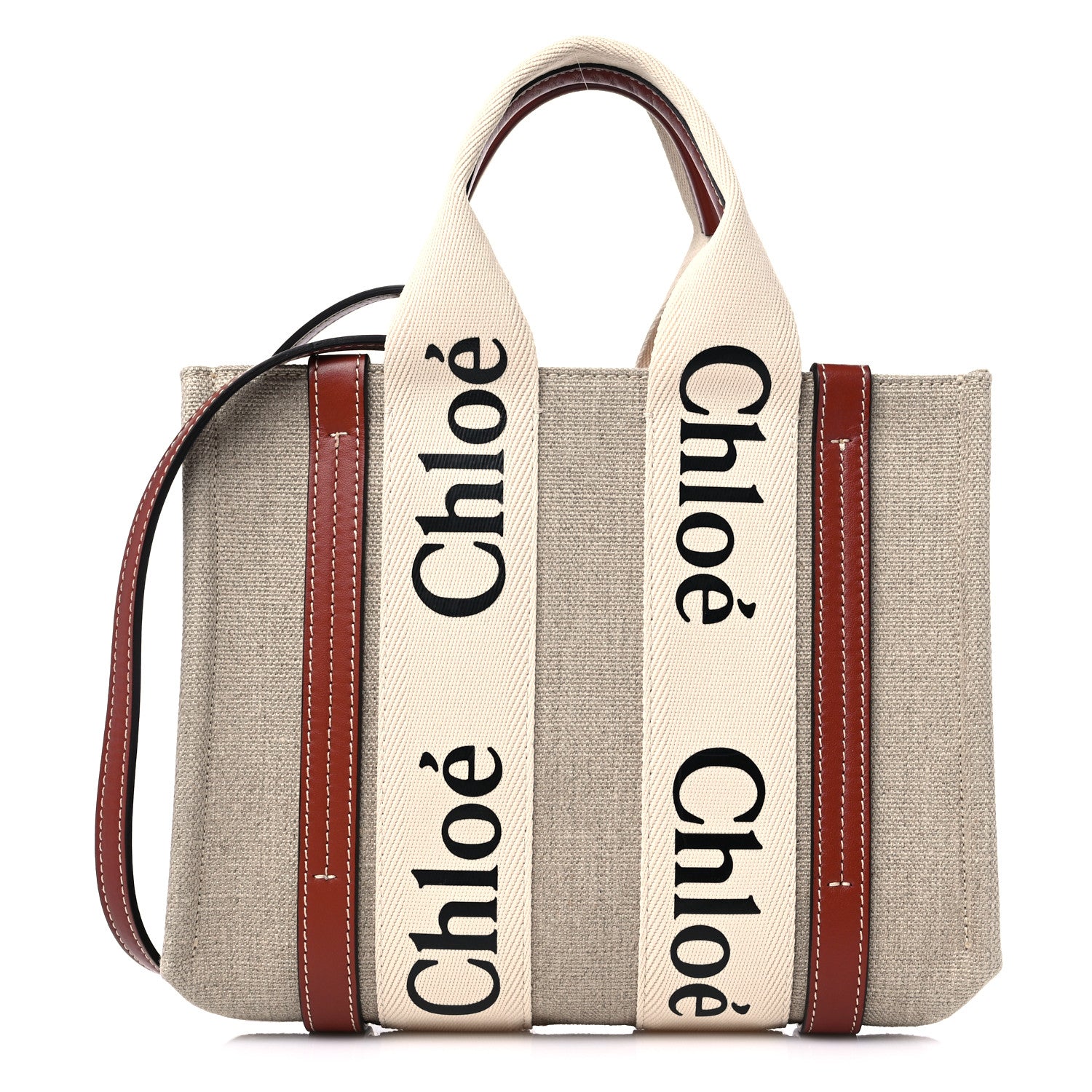 Chloe Linen Calfskin Small Woody Ribbon Tote With Strap White Brown 1 of 9