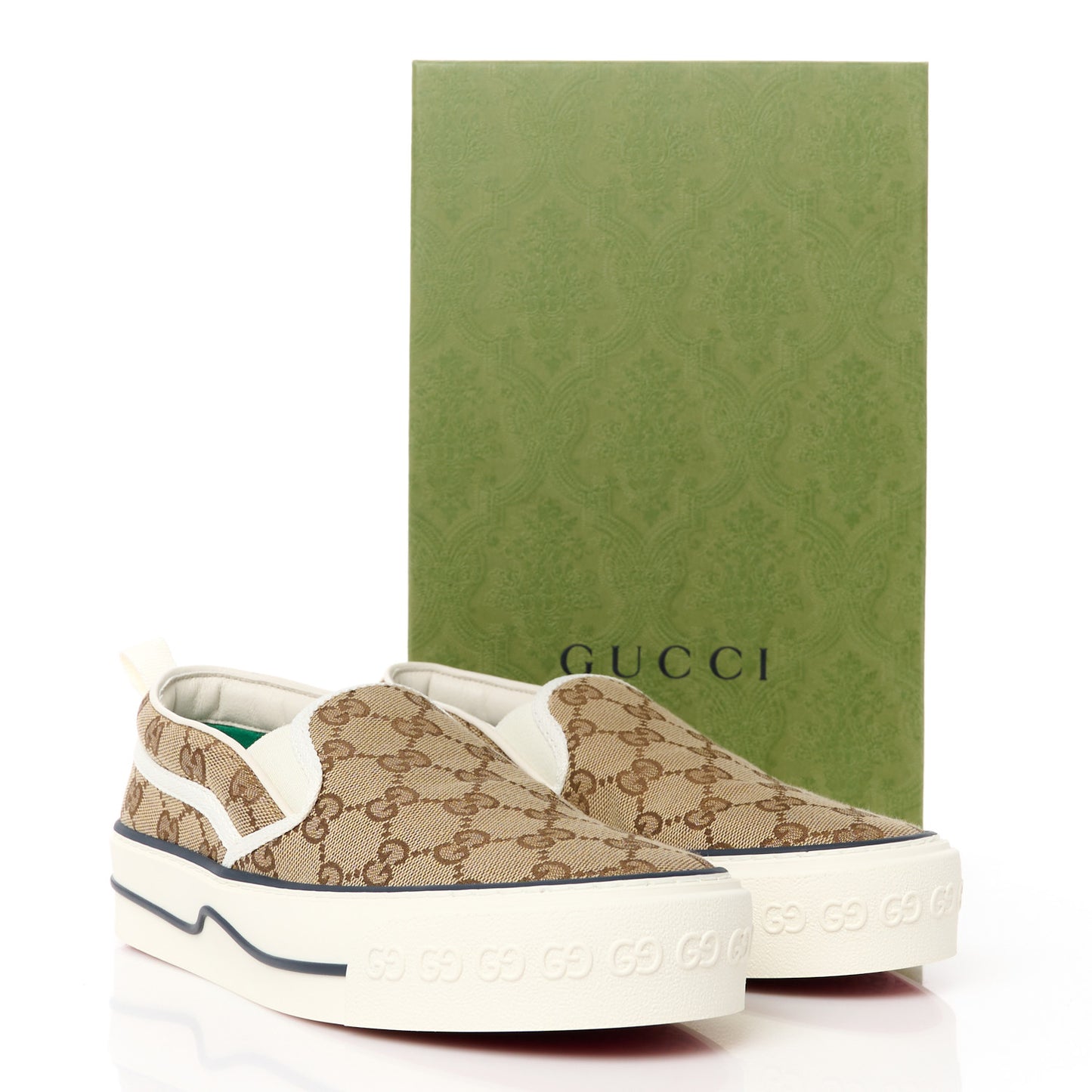 GG Monogram Womens 1977 Tennis Slip On 30mm Sneakers 37.5 Beige Ebony Mystic White