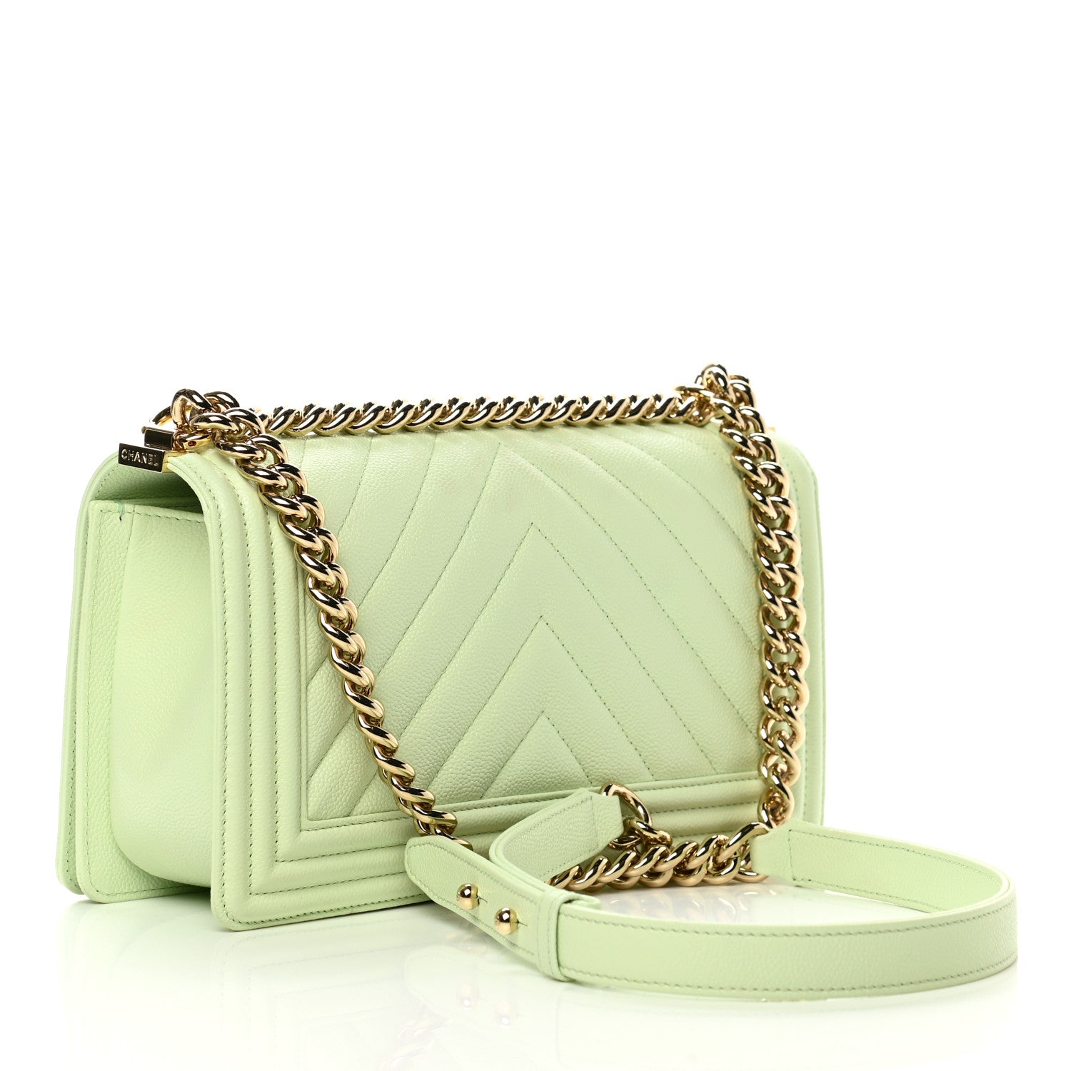 Chanel Caviar Chevron Quilted Medium Boy Flap Light Green 3 of 13
