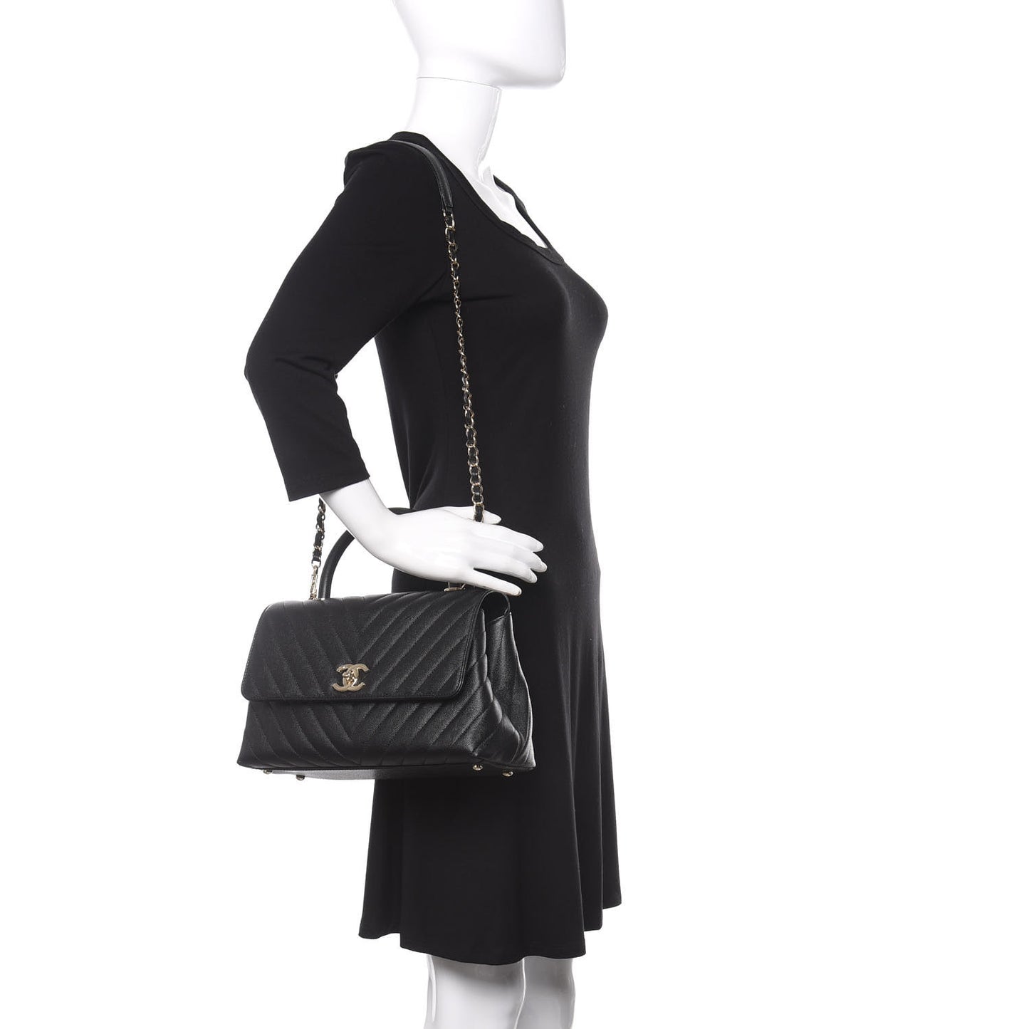 Caviar Chevron Quilted Small Coco Handle Flap Black