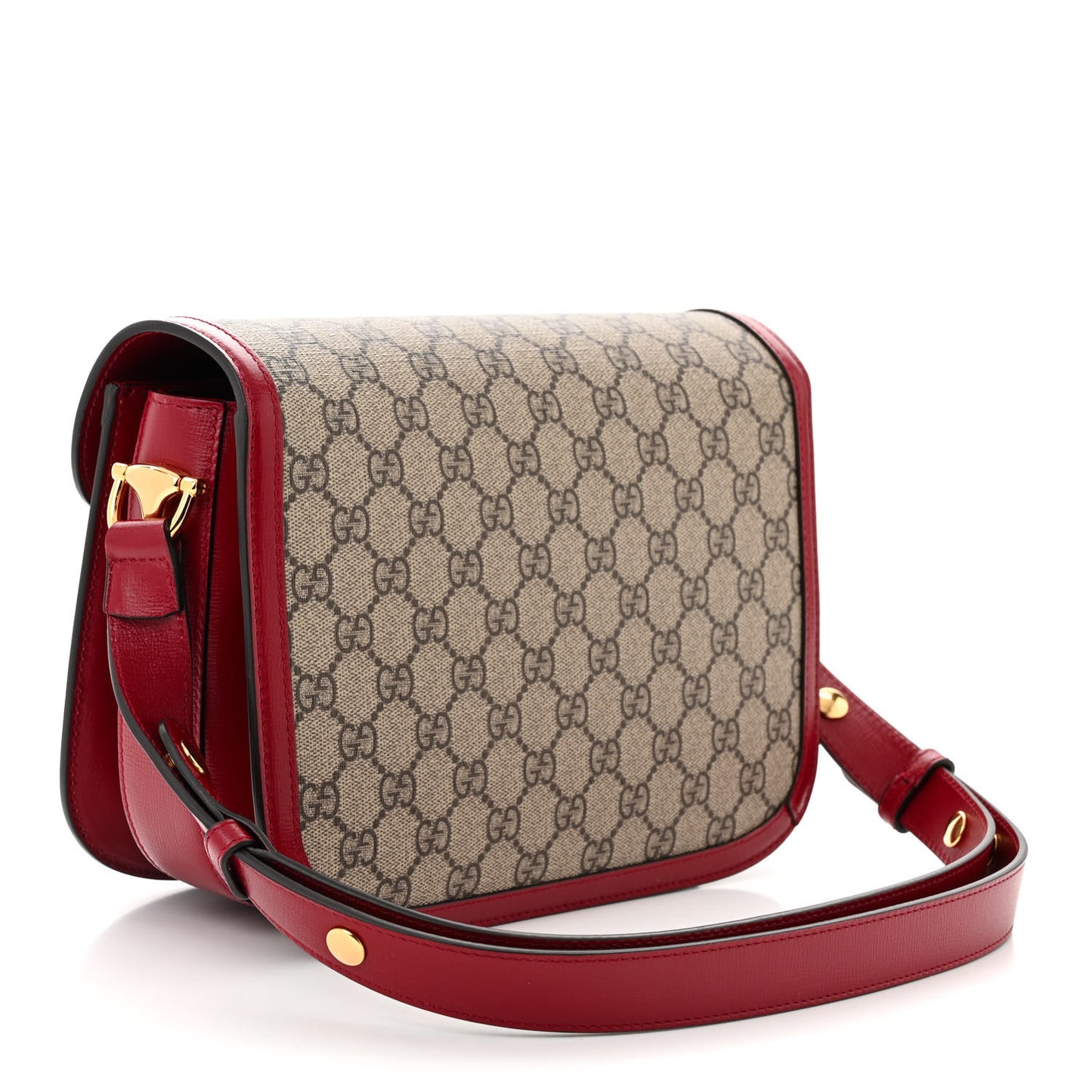 GG Supreme Monogram Azalea Calfskin Horsebit 1955 Shoulder Bag Beige Ebony New Cherry Red
