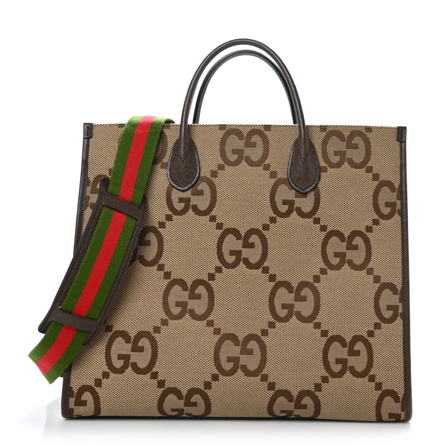 Gucci Monogram Jumbo GG Textured Dollar Calfskin Web Tote Bag Camel Ebony New Acero 1 of 9