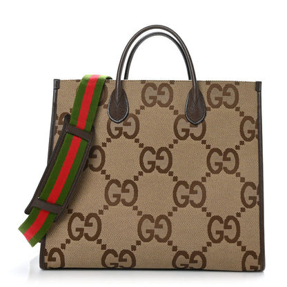 Gucci Monogram Jumbo GG Textured Dollar Calfskin Web Tote Bag Camel Ebony New Acero 1 of 9