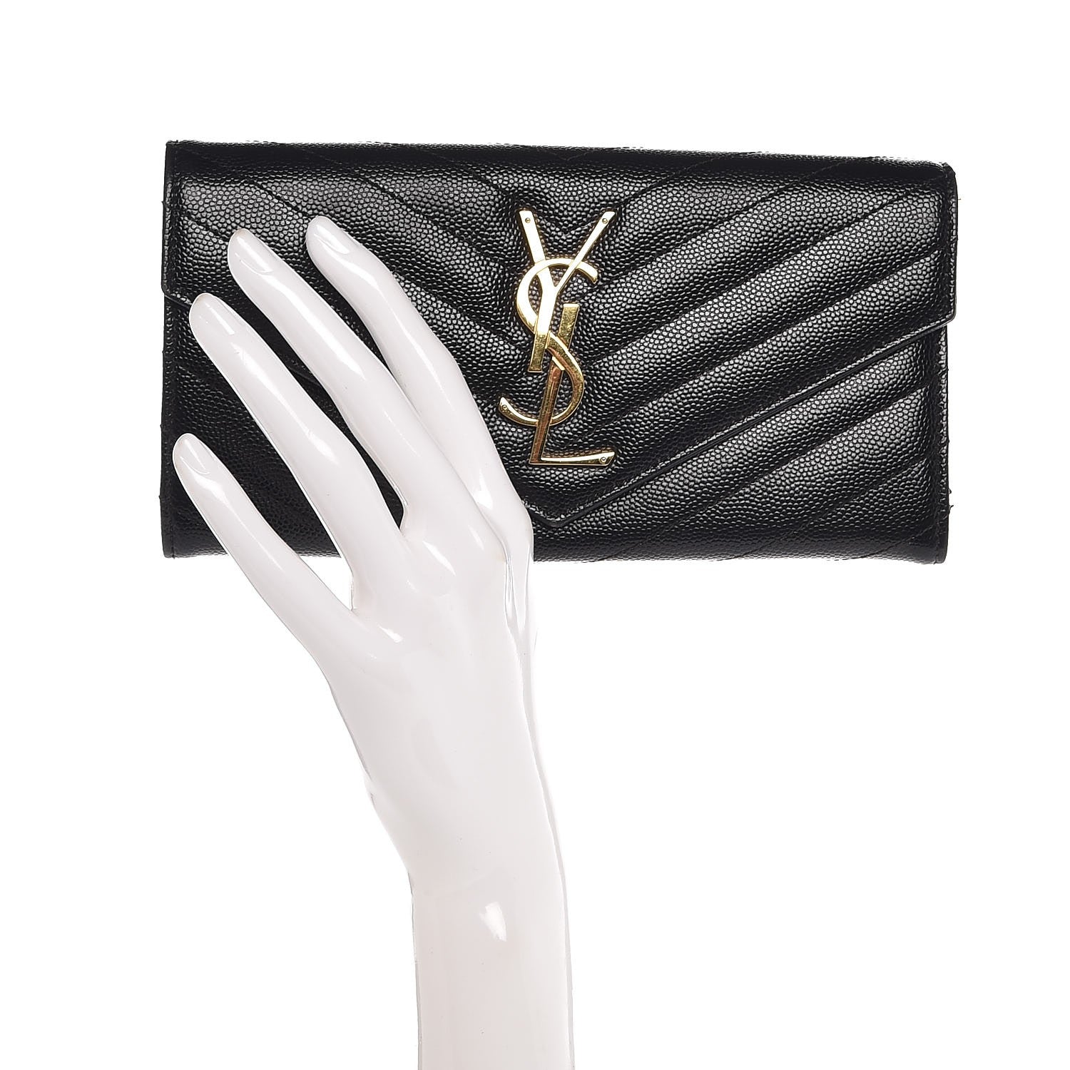 Saint Laurent Grain De Poudre Matelasse Chevron Monogram Flap Wallet Black 2 of 8
