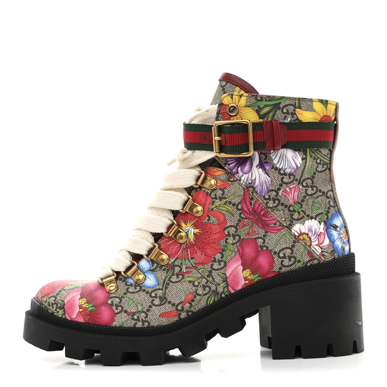 Gucci GG Supreme Monogram Flora Lace Up Combat Ankle Boots 37.5 Beige Multicolor Red 1 of 9