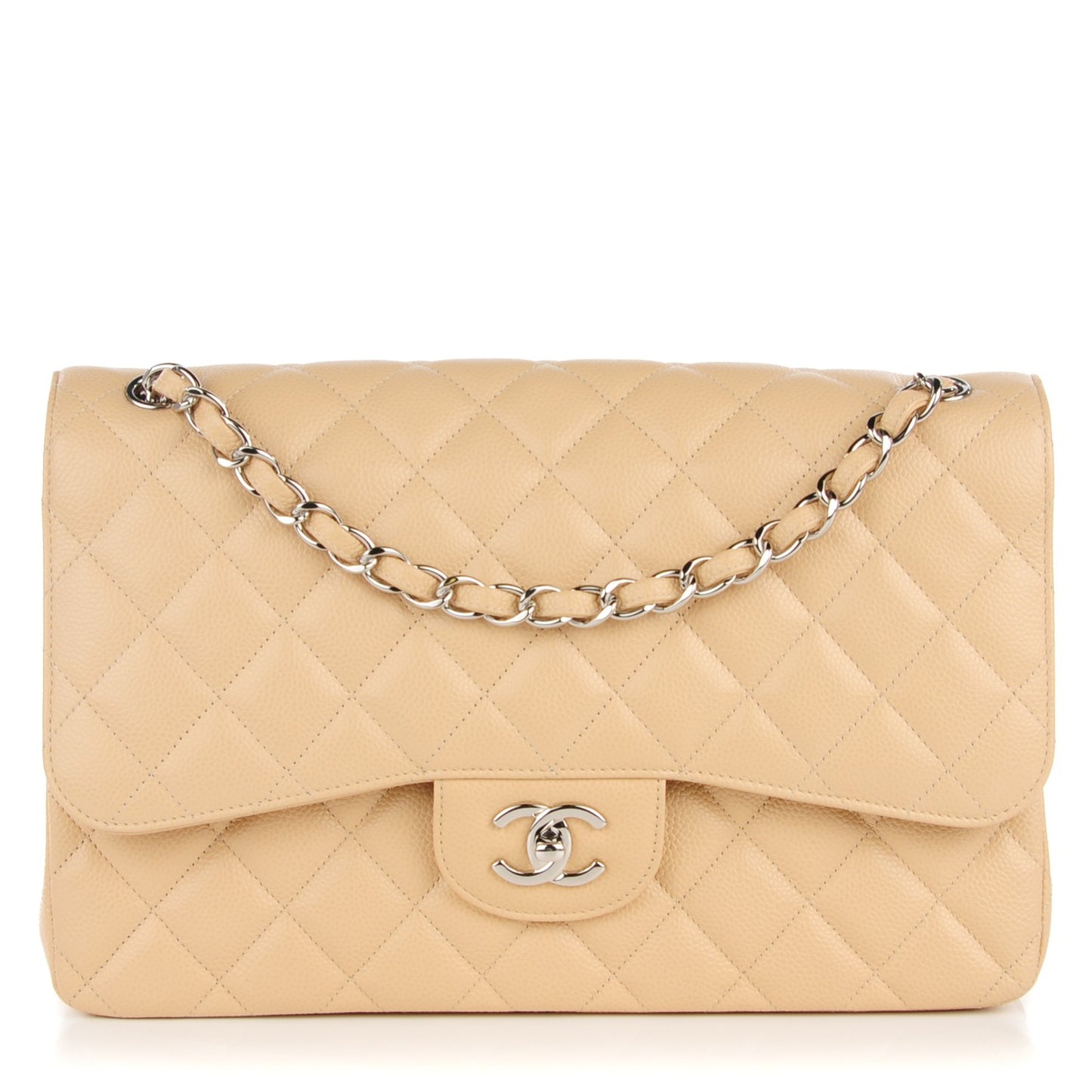 Caviar Quilted Jumbo Double Flap Beige Clair