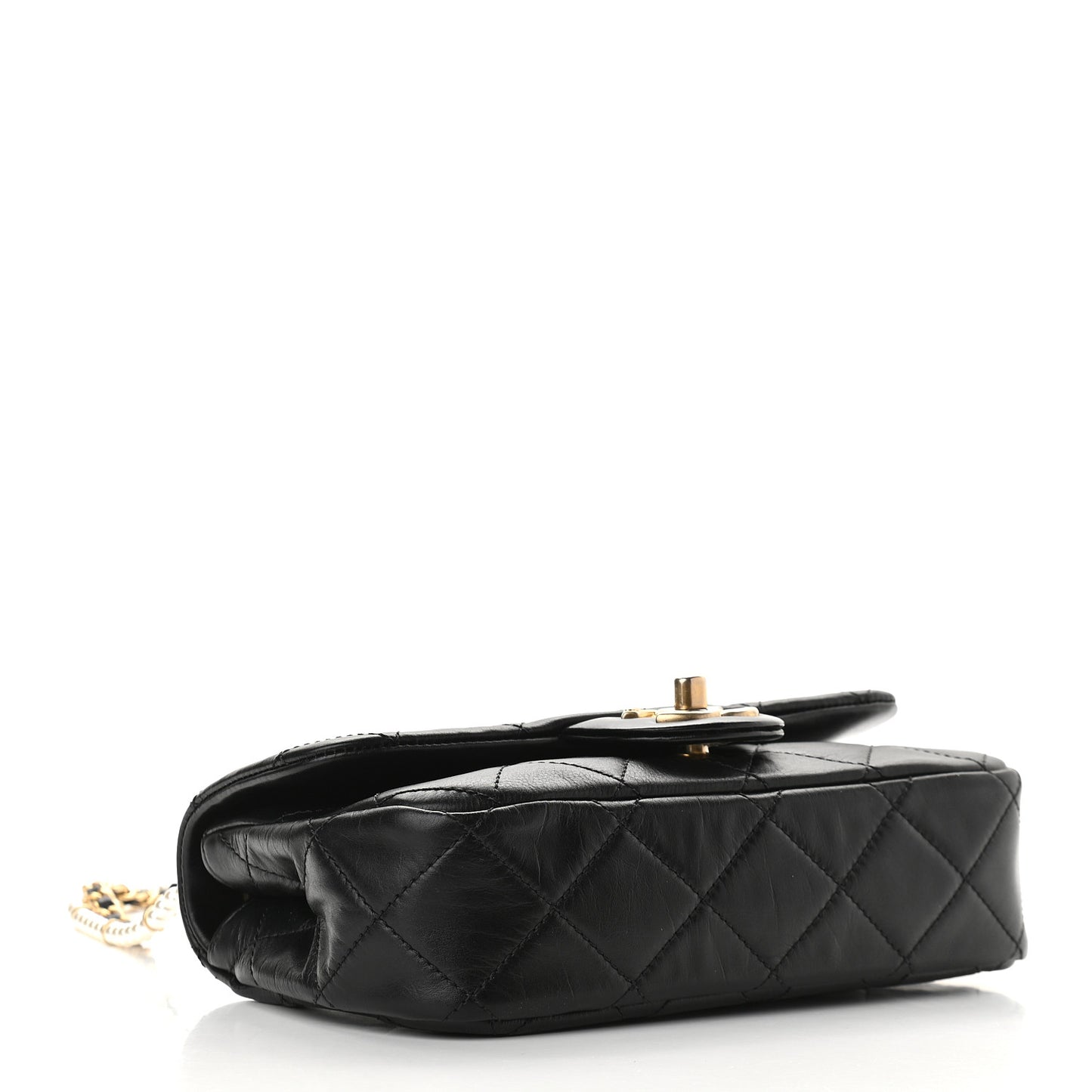 Calfskin Quilted Small Crystal Pearls Flap Bag Black