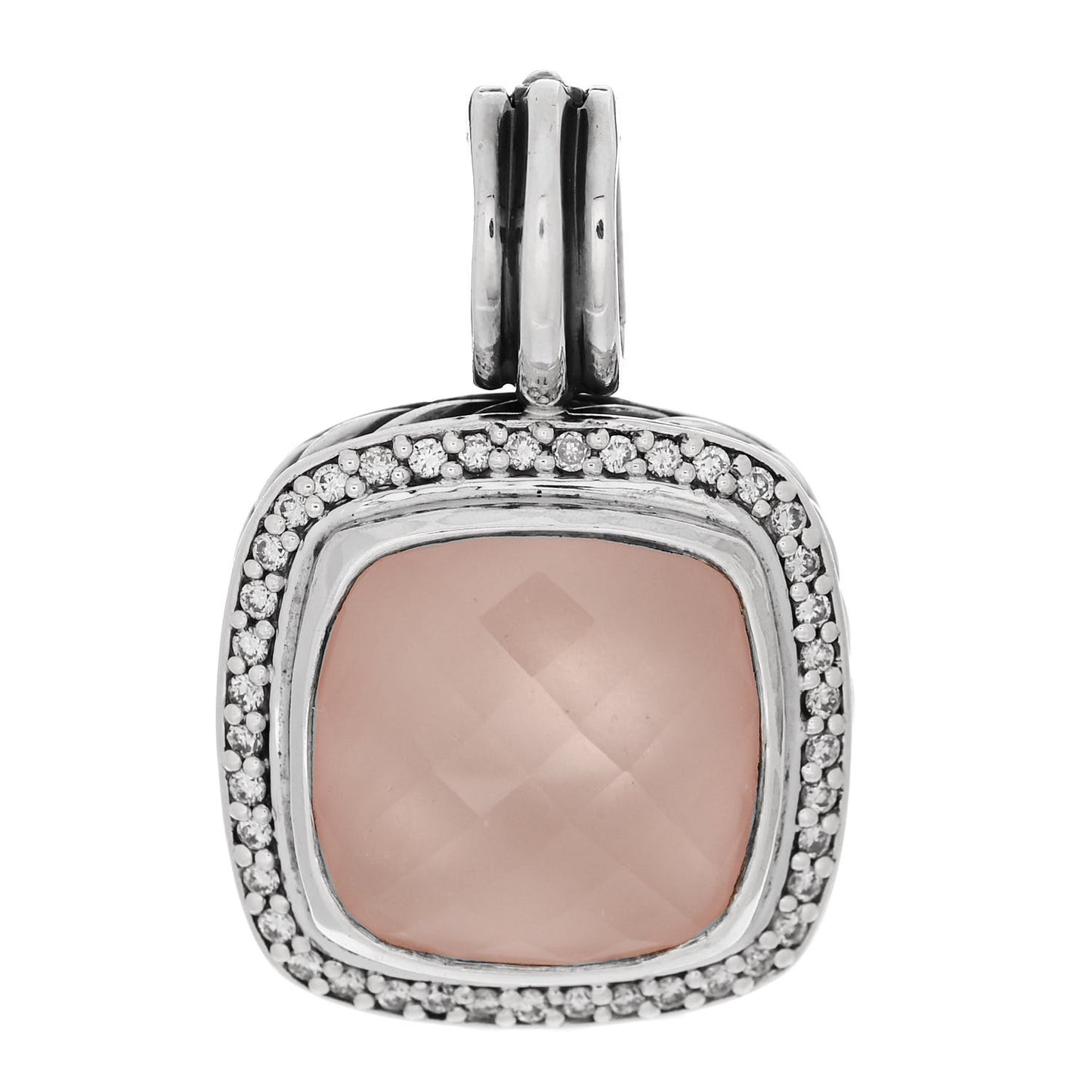 Sterling Silver Pave Diamond Rose Quartz 14mm Albion Enhancer Pendant