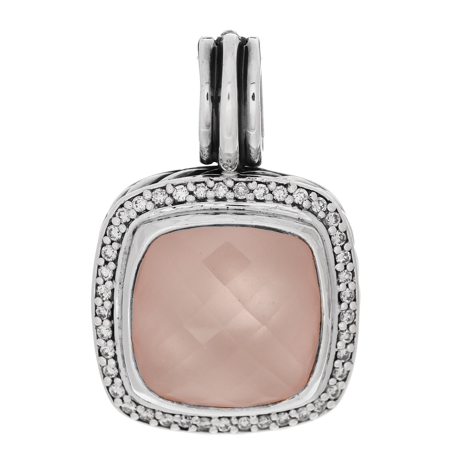 David Yurman Sterling Silver Pave Diamond Rose Quartz 14mm Albion Enhancer Pendant 1 of 4