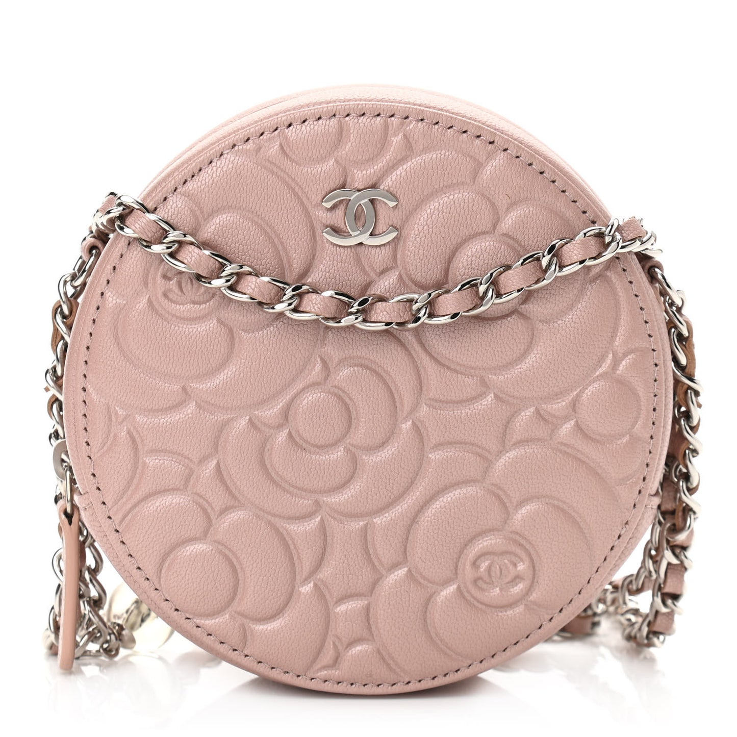 Goatskin Camellia Quilted Round Clutch With Chain Light Pink
