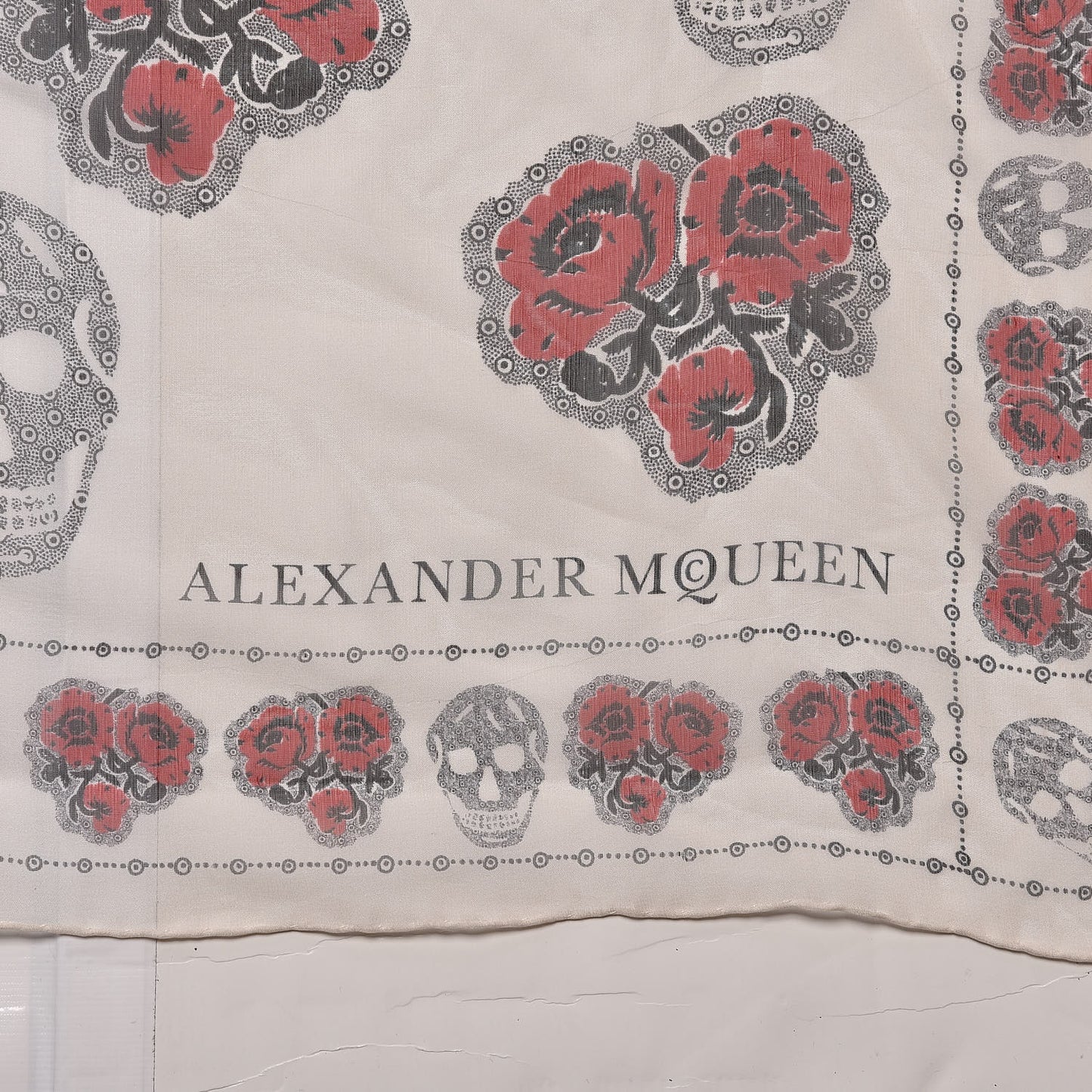 Silk Chiffon Skull Poppy Scarf Ivory Red