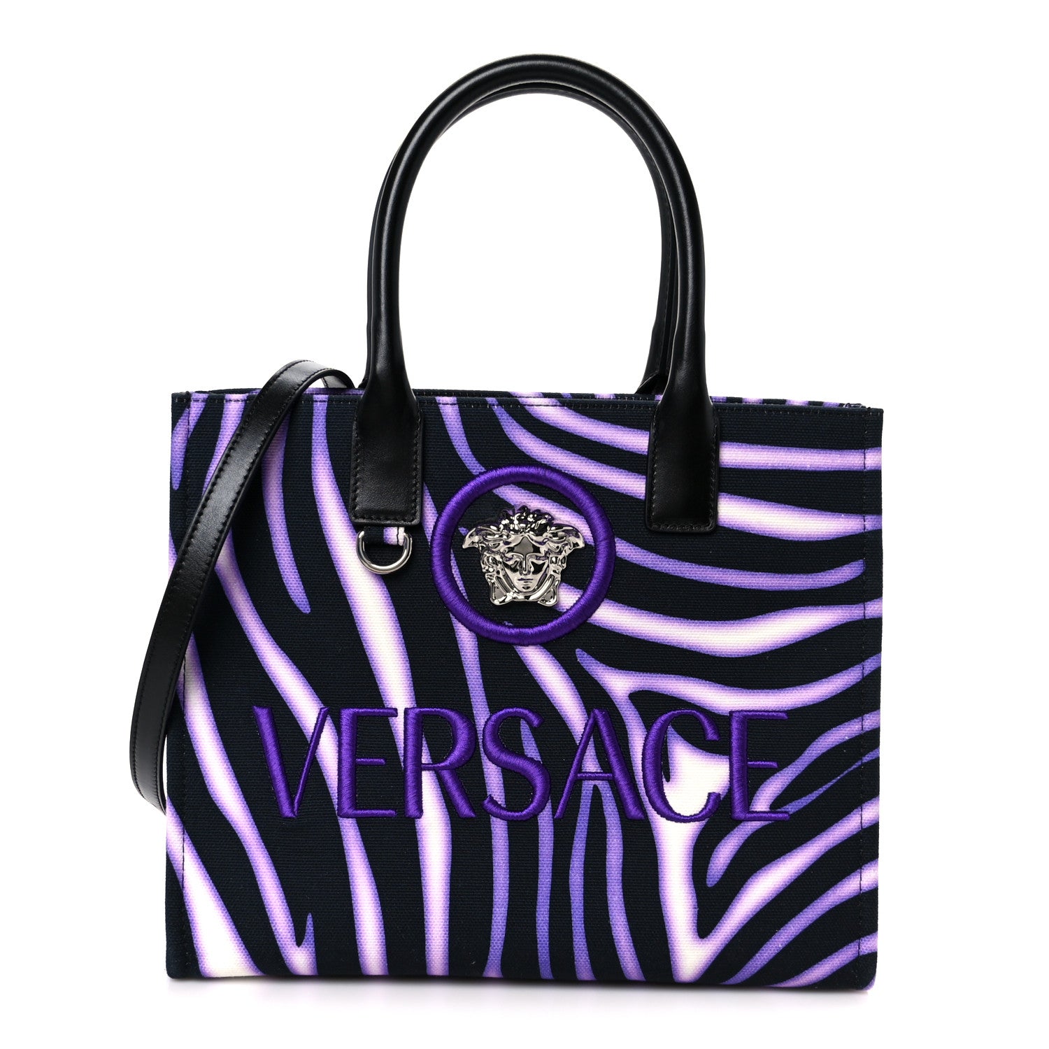 Versace Canvas Calfskin Zebra La Medusa Small Tote Bag Purple Black 1 of 10