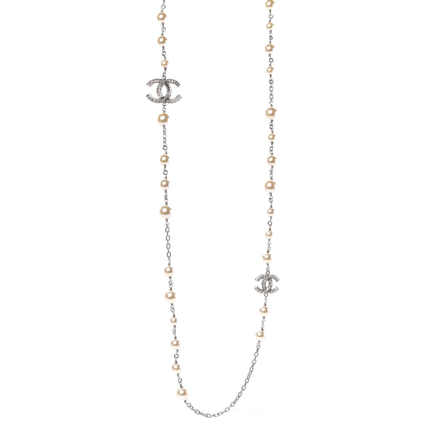 Pearl Baguette Crystal CC Long Necklace Silver
