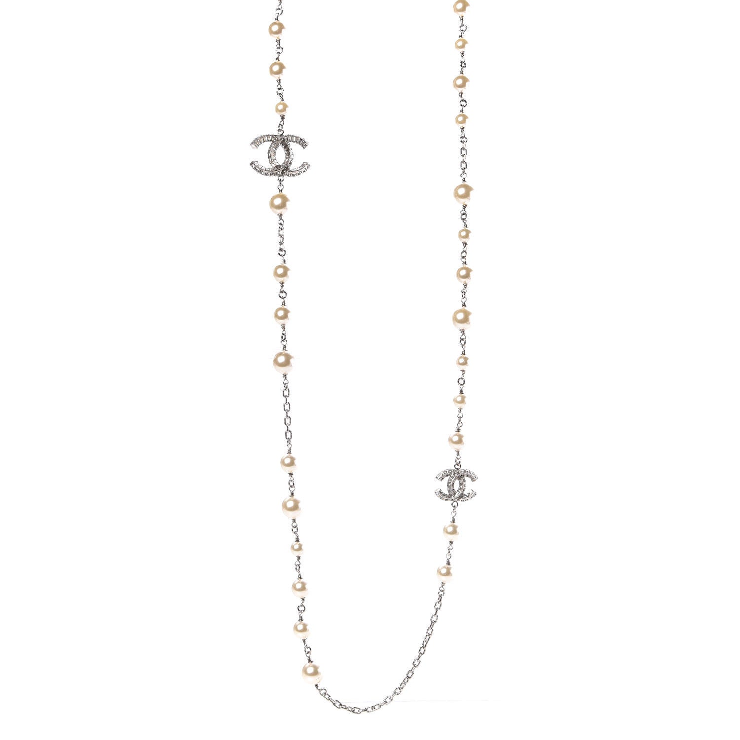 Chanel Pearl Baguette Crystal CC Long Necklace Silver 1 of 5