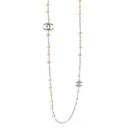 Chanel Pearl Baguette Crystal CC Long Necklace Silver 1 of 5
