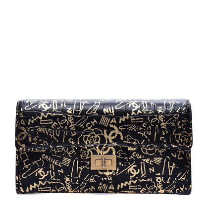Chanel Calfskin Crocodile Embossed Graffiti 2.55 Cocodile Reissue Long Flap Black Gold 1 of 14