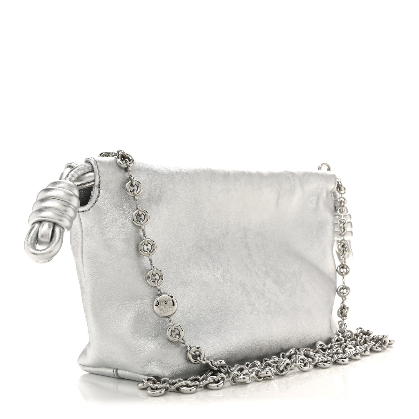 Metallic Moire Calfskin Mini Chain Flamenco Knot Silver