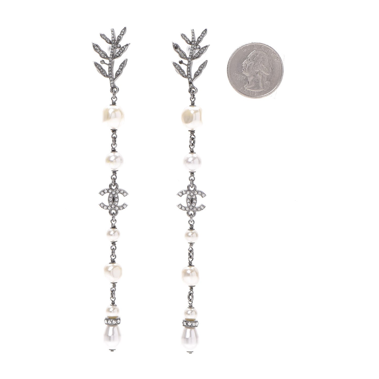 Pearl Crystal CC Drop Earrings Silver