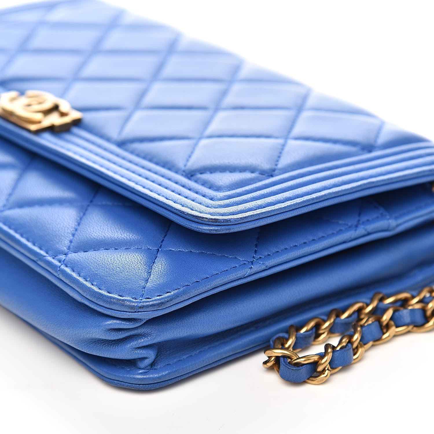 Chanel Lambskin Quilted Boy Wallet On Chain WOC Blue 12 of 14
