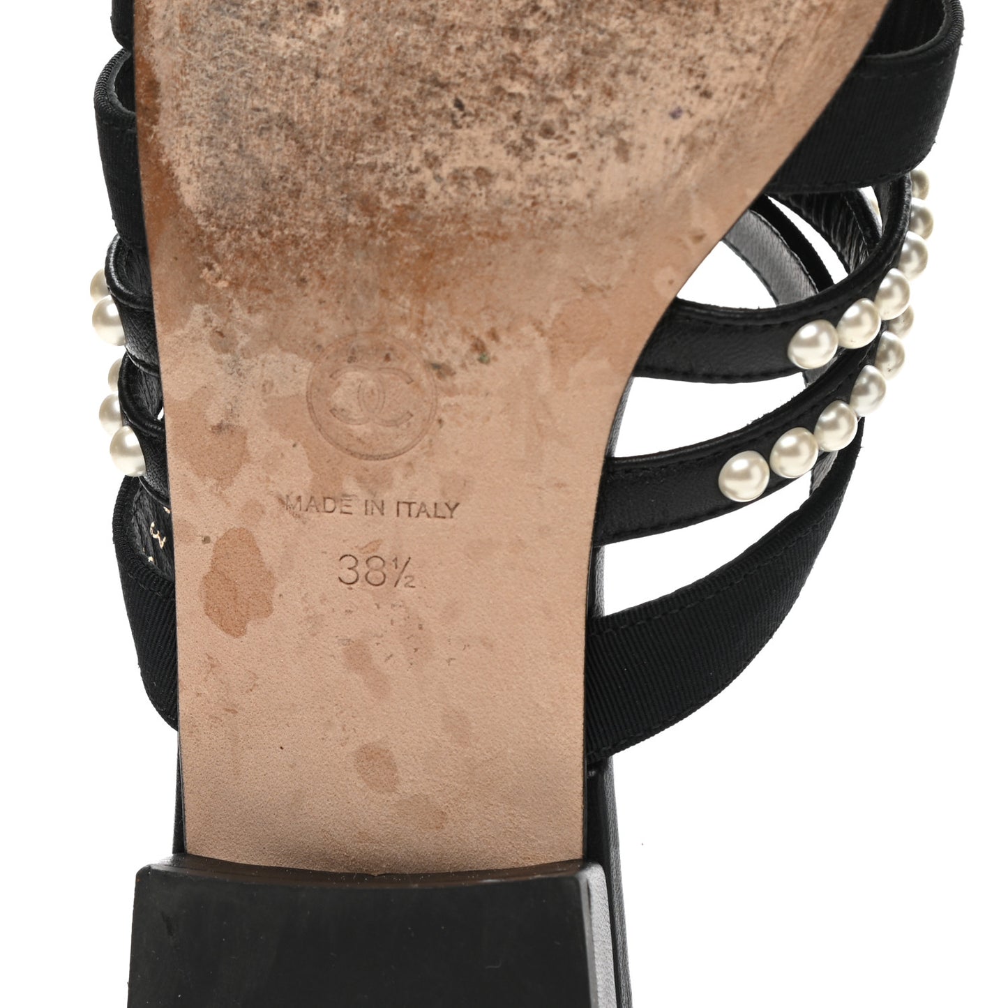 Grosgrain Pearl CC Flat Sandals 38.5 Black