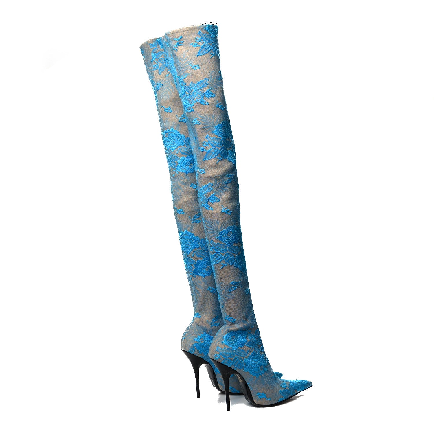 Balenciaga Lace Spandex Pointed Toe Knife Thigh High Boots 37 Blue Beige 4 of 6