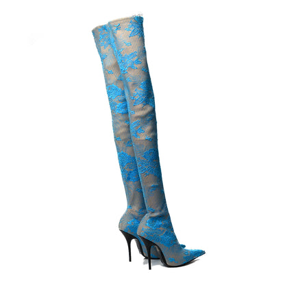 Balenciaga Lace Spandex Pointed Toe Knife Thigh High Boots 37 Blue Beige 4 of 6