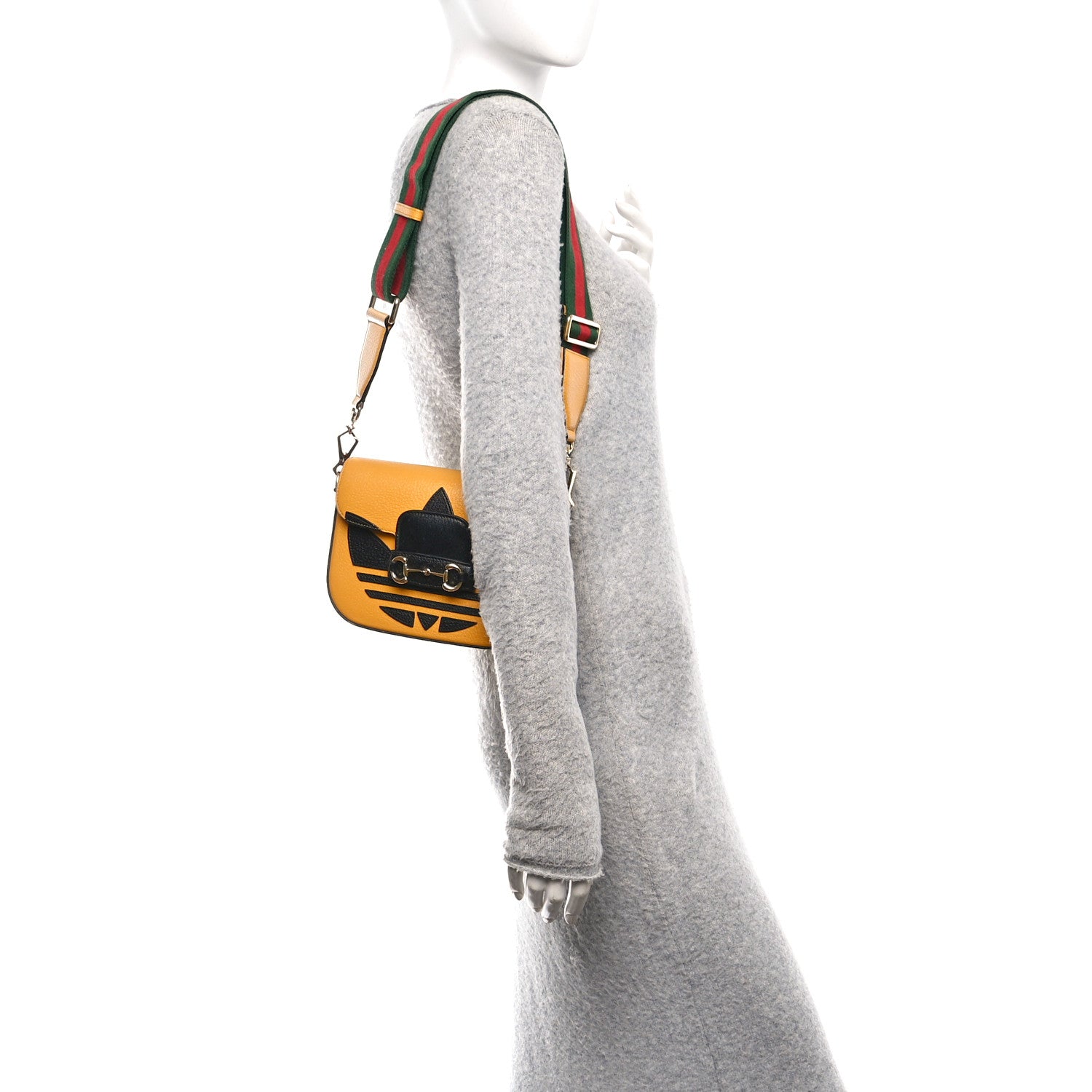 Gucci X ADIDAS Textured Dollar Calfskin Web Trefoil Mini Horsebit 1955 Shoulder Bag Crop Black 2 of 10