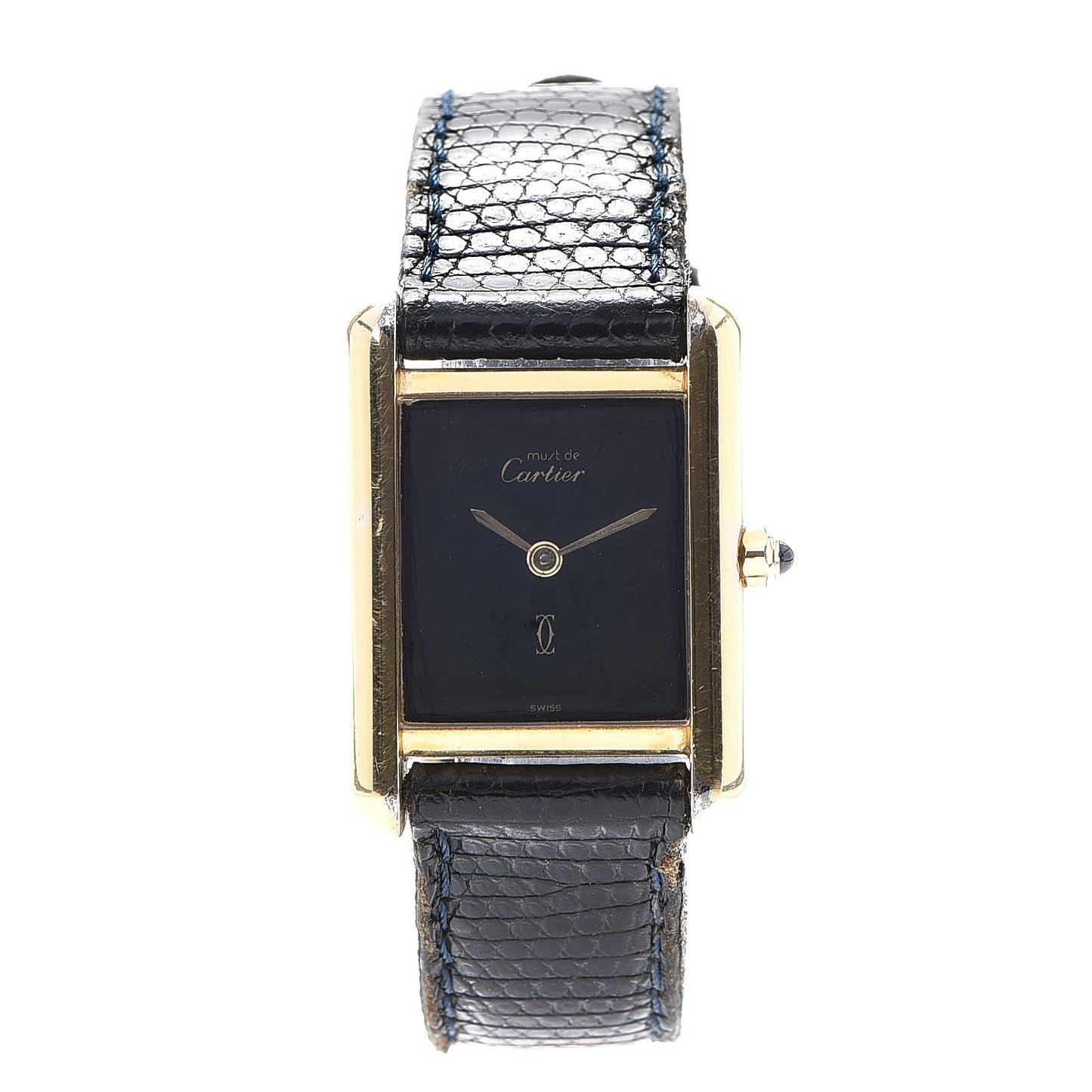 Sterling Silver Vermeil Lizard 20mm Must de Cartier Tank Quartz Watch Blue