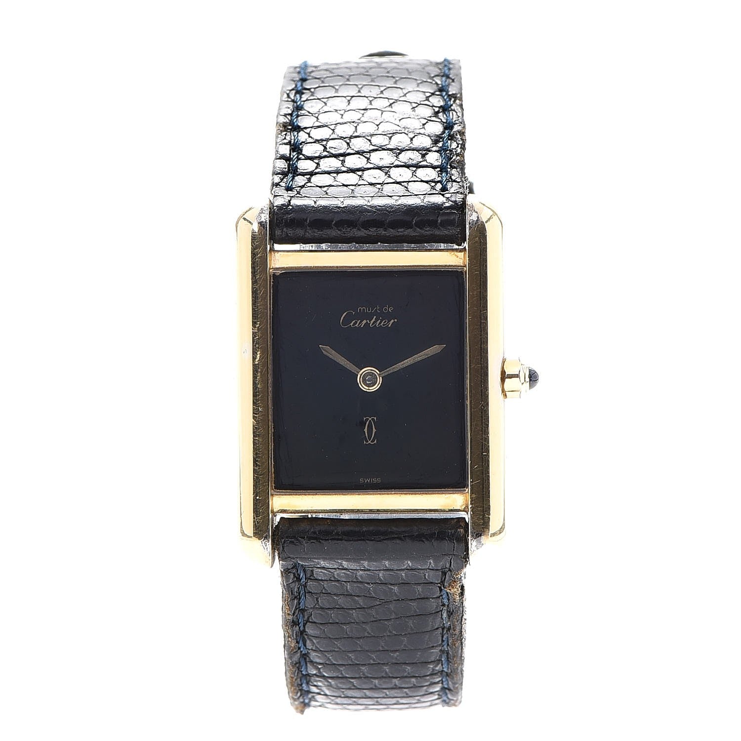 Cartier Sterling Silver Vermeil Lizard 20mm Must de Cartier Tank Quartz Watch Blue 1 of 12
