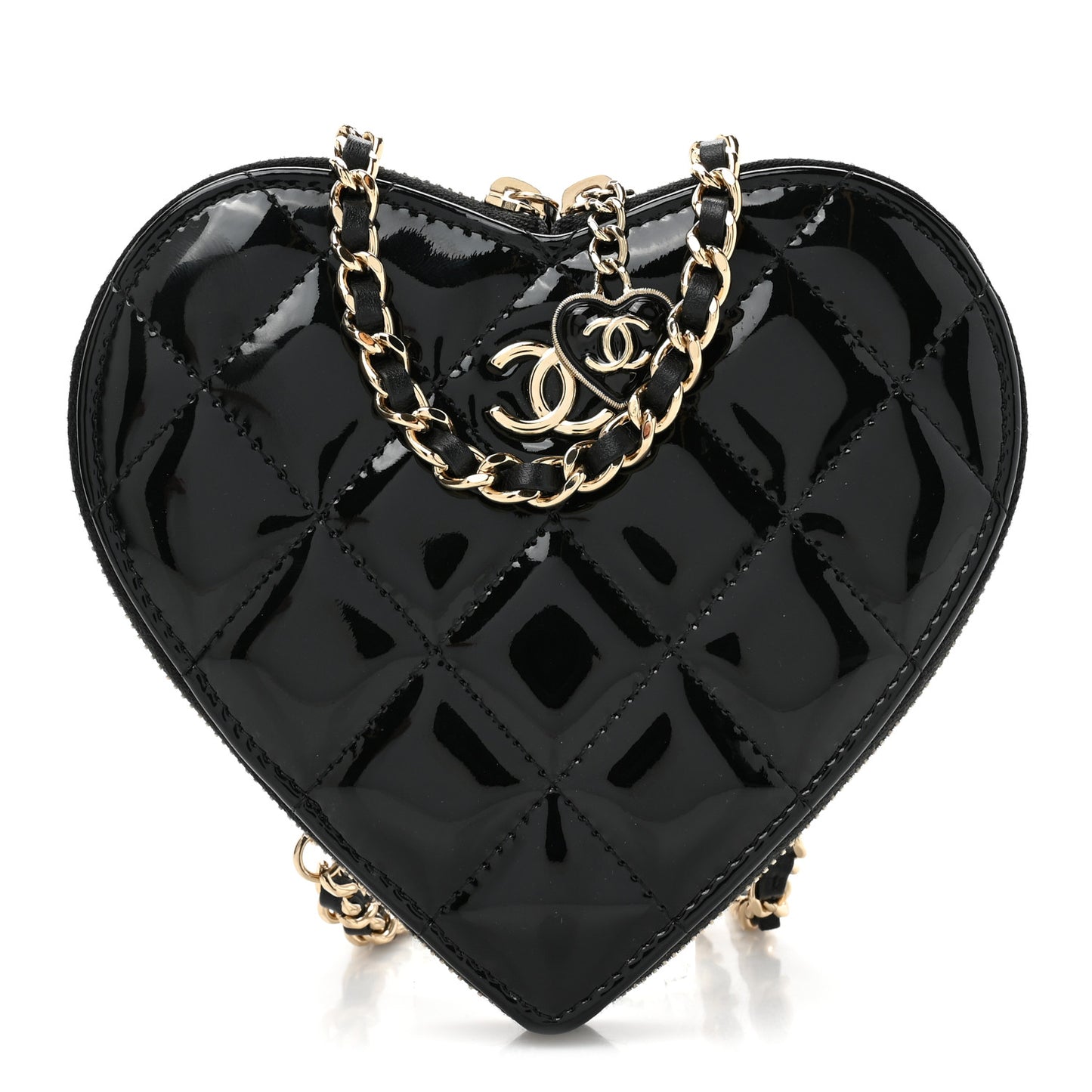 Patent Calfskin Resin Quilted CC Heart Clutch With Chain Black